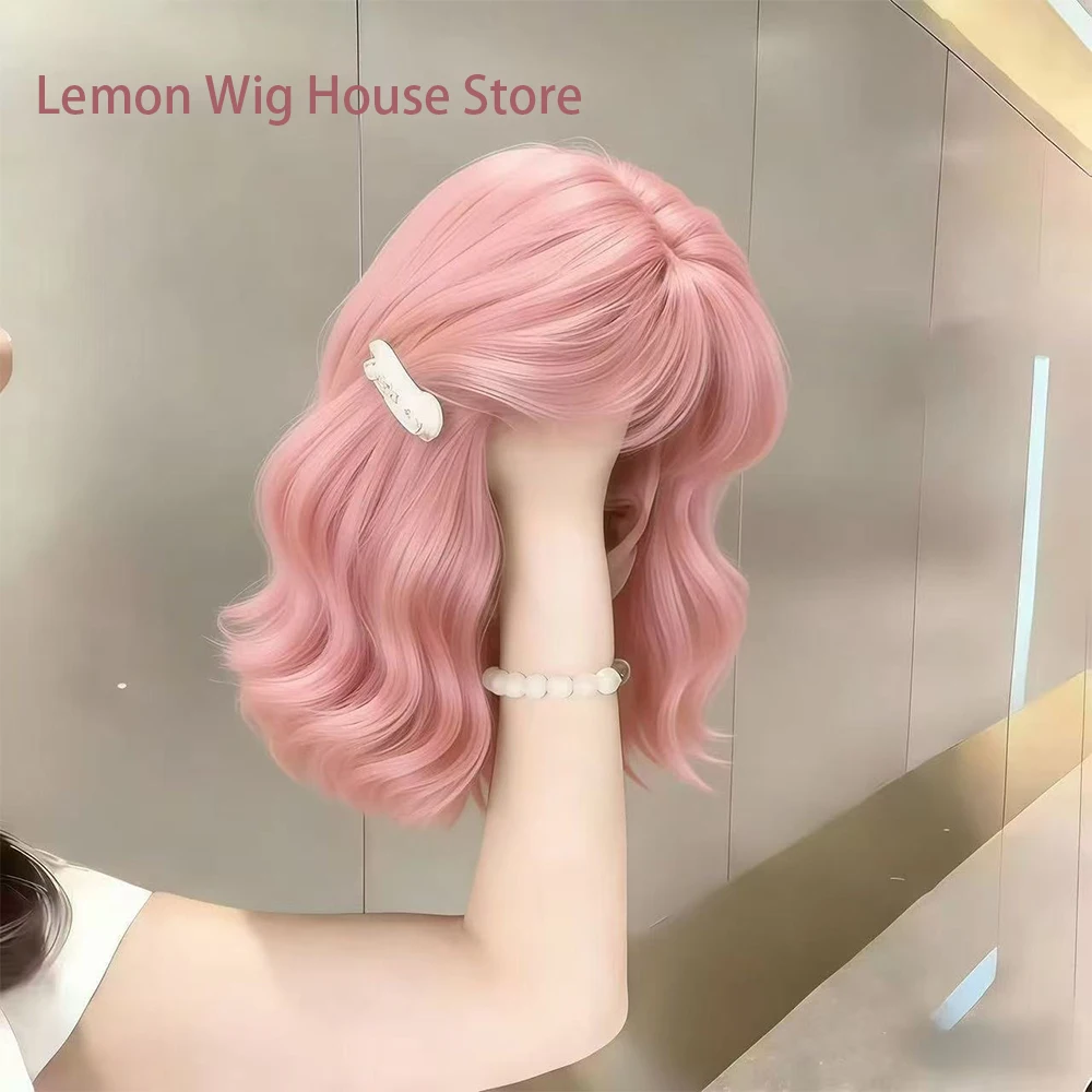 Pink Synthetic Wig with Bangs Short Wavy Black Natural Wigs for Women Daily Cosplay Wig Halloween Costume Wig Heat Resistant