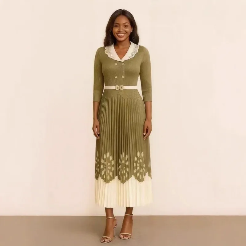 미야케 플리츠 플러스 사이즈 여성용 긴 소매 우아한 패치워크 플리츠 허리 조임 드레스 공식 행사 출퇴근 유럽 스타일