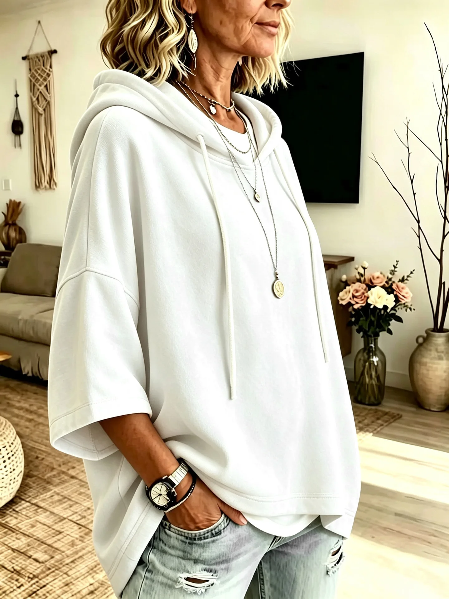Einfarbiger Damen-Hoodie mit 3/4-Ärmeln, Lässiger Lockerer Pullover für Herbst und Winter – Detail 26