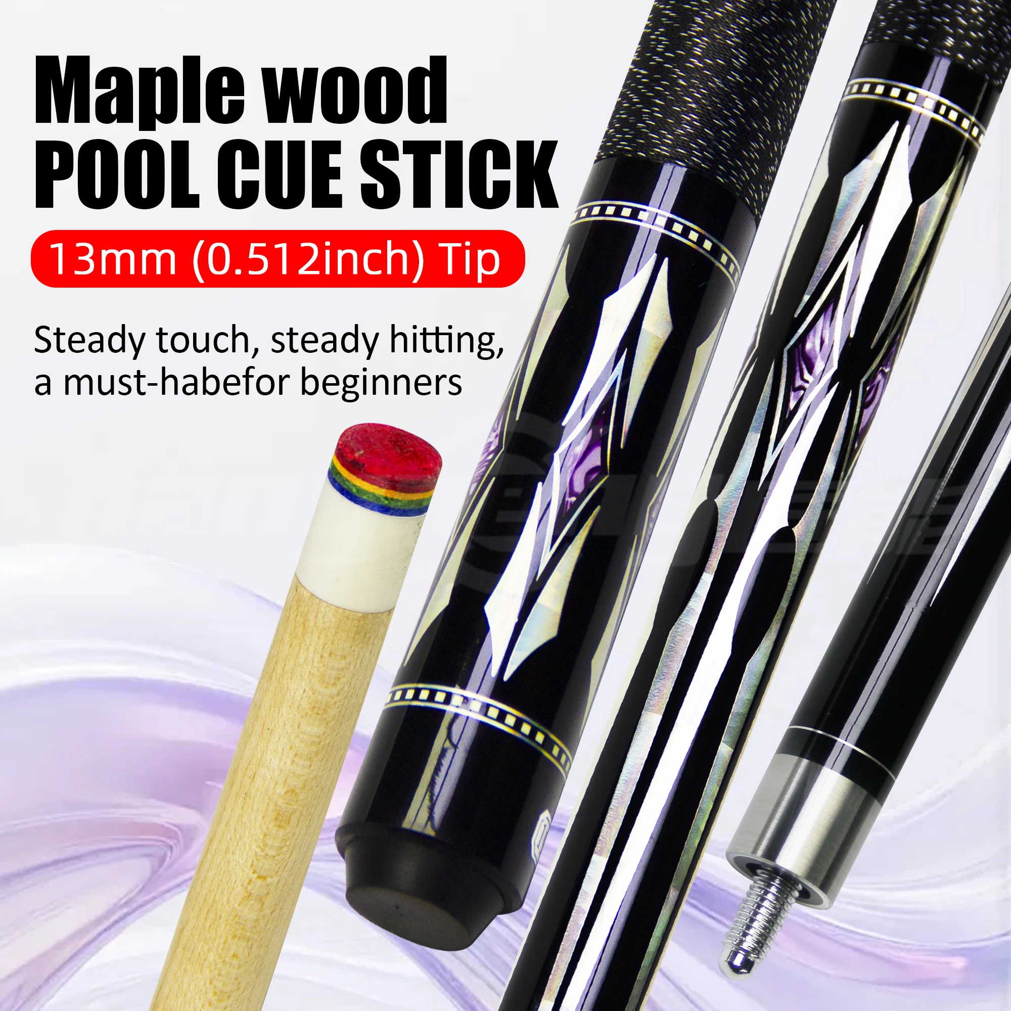 

Maple Wood Pool Cue Stick 13mm Rainbow Leather Tip, Stainless Steel Dental Joint for Snooker/3 Cushion - taco de billar