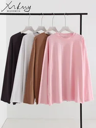 Basic Solid Cotton Oversized T-shirt Women Pink Long Sleeve T Shirts For Woman Loose Tshirt Summer Tops For Women Autumn 2024