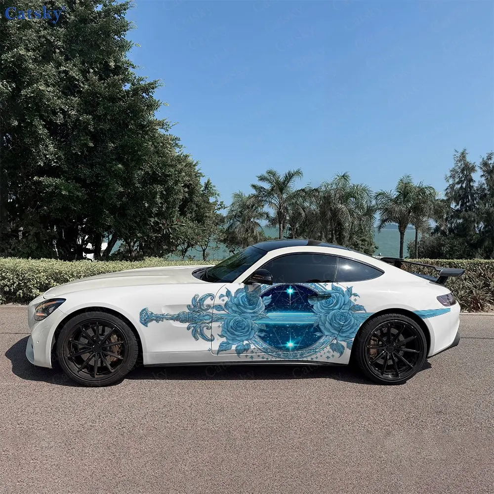 

2pcs Gilded Blue Rose Holy Sword Car Side Wraps, Self-Adhesive PVC Waterproof & Scratch-Resistant Stickers, Car Accessory Gift