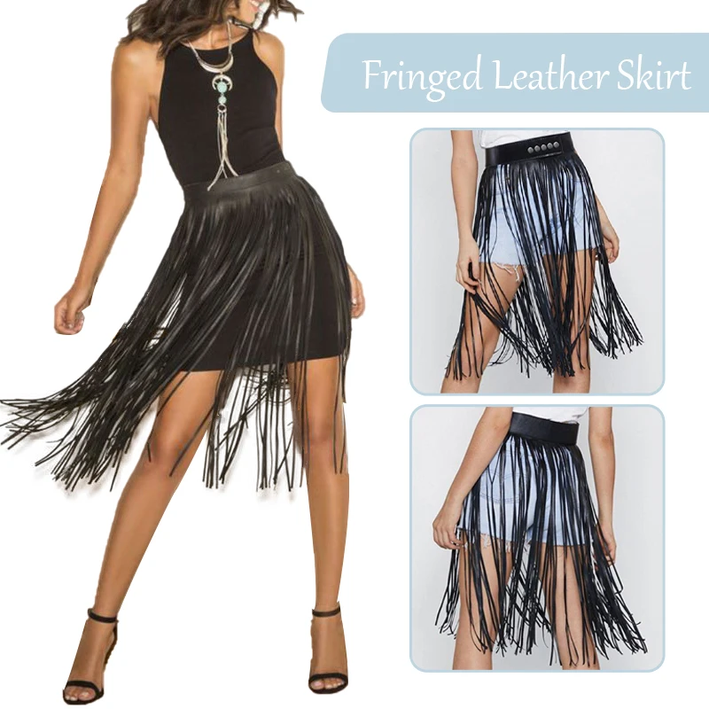 Women High Waist Faux Leather Fringe Tassels Skirt Gypsy Style Hippie Boho Samba Tassel Skirts Punk Rock Costume Clubwear