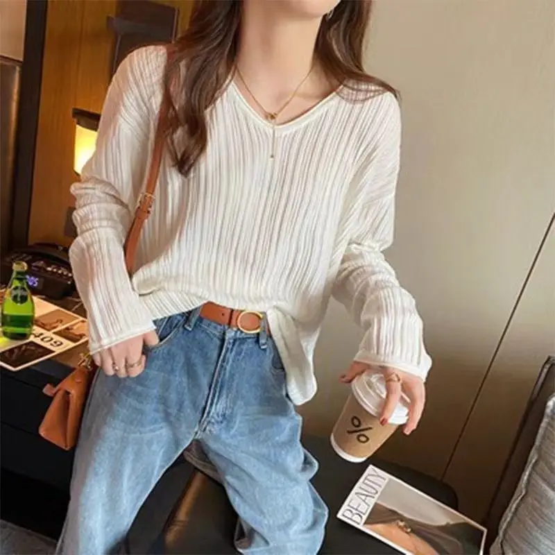 V Neck Loose All-match Youth Tops Tees Spring Autumn New Long Sleeve Solid Color Fashion T Shirts Casual Korean Women Clothing