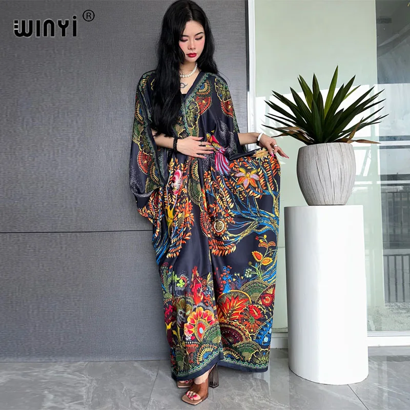 Winyi neuer Druck Sommer Seide Gefühl Kleid elegante muslimische Abaya Dame Strand vertuschen Freizeit kleid Beach wear Mode Kaftan