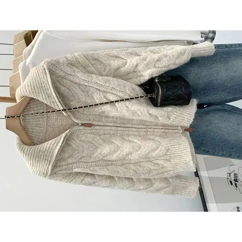 

Ladies' New Lapel Thickened Twist Sweater Zipper Coat Women Knitted Double Zipper Cardigan Solid Color Coat Autumn And Winter