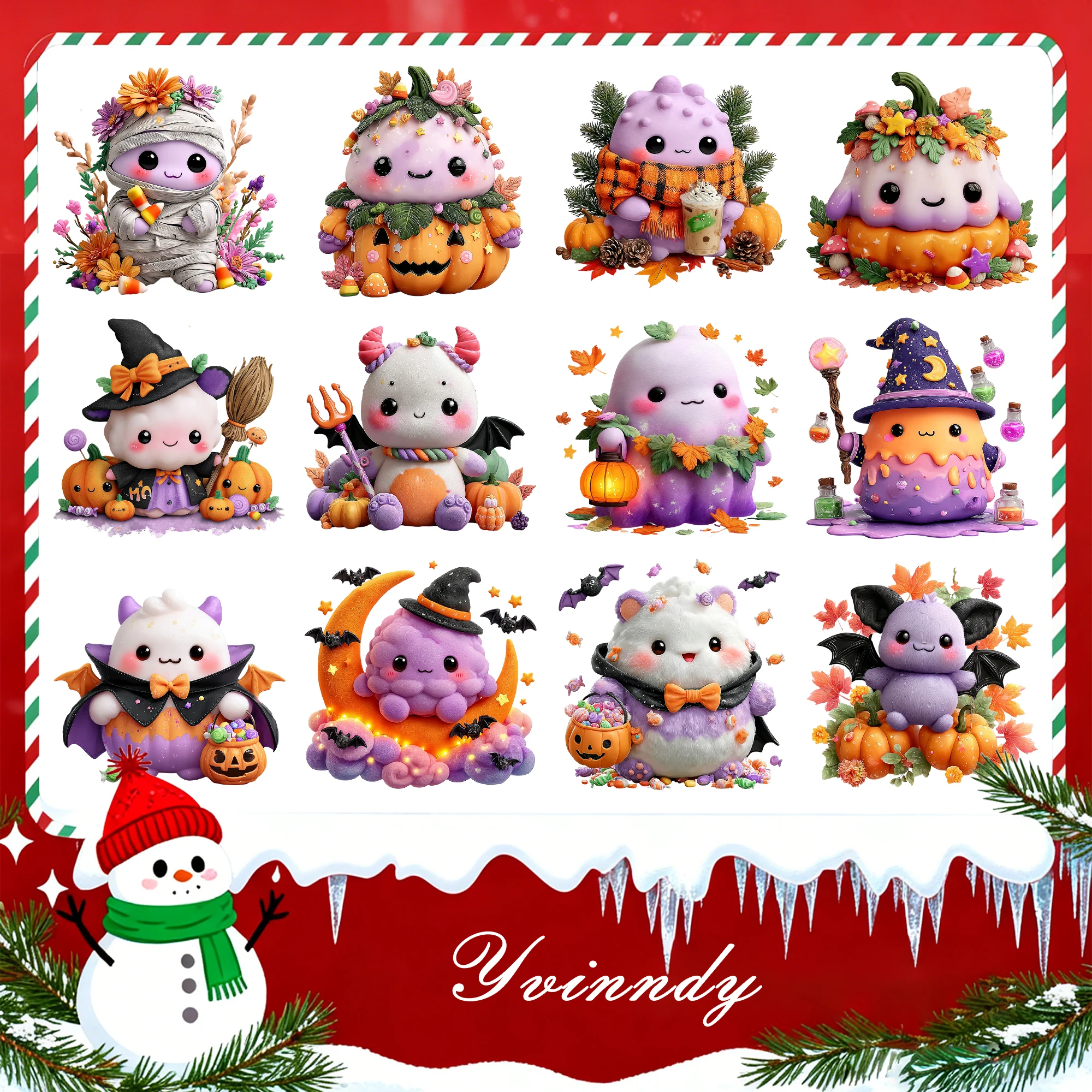 12pcs/set Halloween Kawaii Dumpling DIY UV DTF For Mugs Printing Waterproof Self-adhesive UV DTF For 16oz Glass Can Wrap