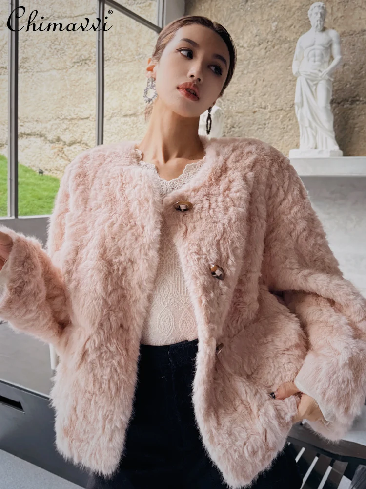 

2025 Winter Fashion Elegant Socialite Faux Fur Coat Round Neck Long Sleeve Single-Breasted Loose Warm Short Jackets for Women