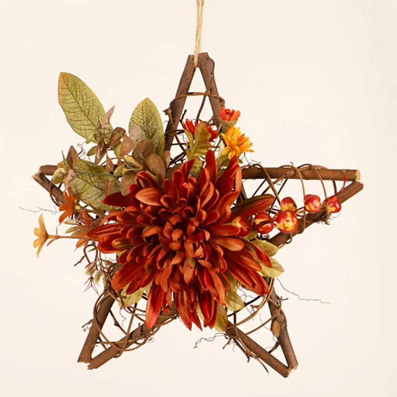 

Star Heart Fall Wreath Sunflower Maple Leaf Harvest Wreath Artificial Thanksgiving Flower Garlands Door Wall Pendant Decor