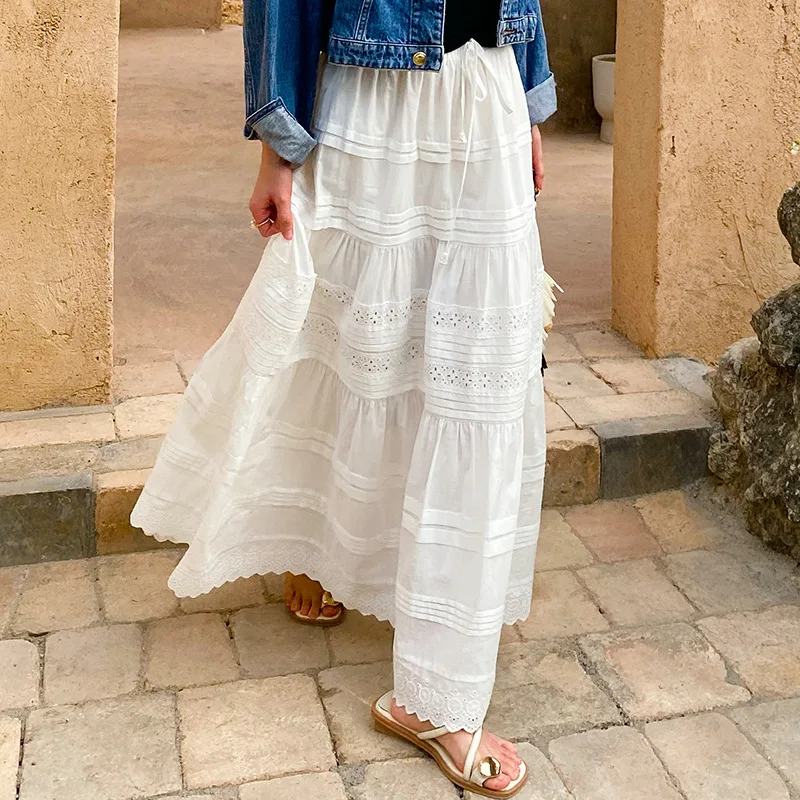 French Style Lace Embroidered Maxi Skirt White 100% Cotton Eyelet Elastic Waist Tiered Summer Boho Ladies Beach Vacations Skrits