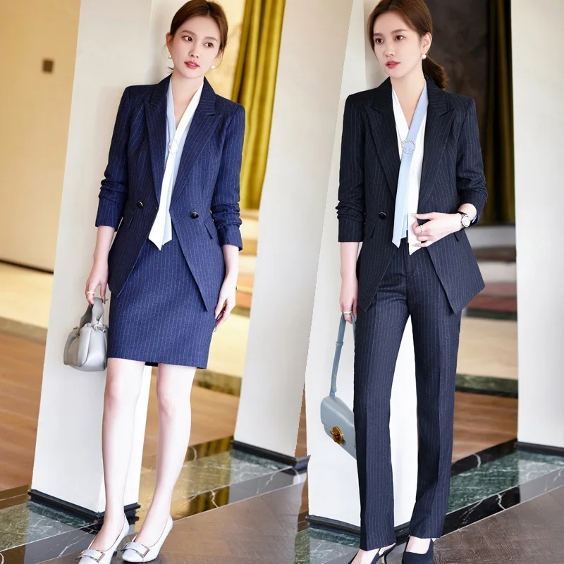 966 Set completo a righe blu Elegante abbigliamento professionale di fascia alta Hotel Cameriere femminile Uniforme da lavoro Abbigliamento formale da lavoro
