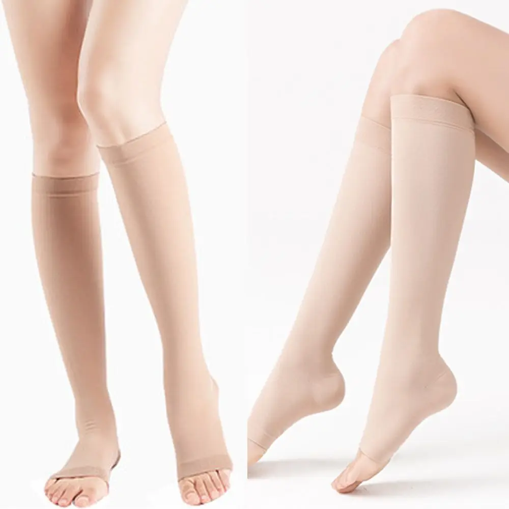 Calcetines de compresión hasta la rodilla para hombres y mujeres, calcetines de compresión de pantorrilla con punta abierta, antifatiga, alivio del