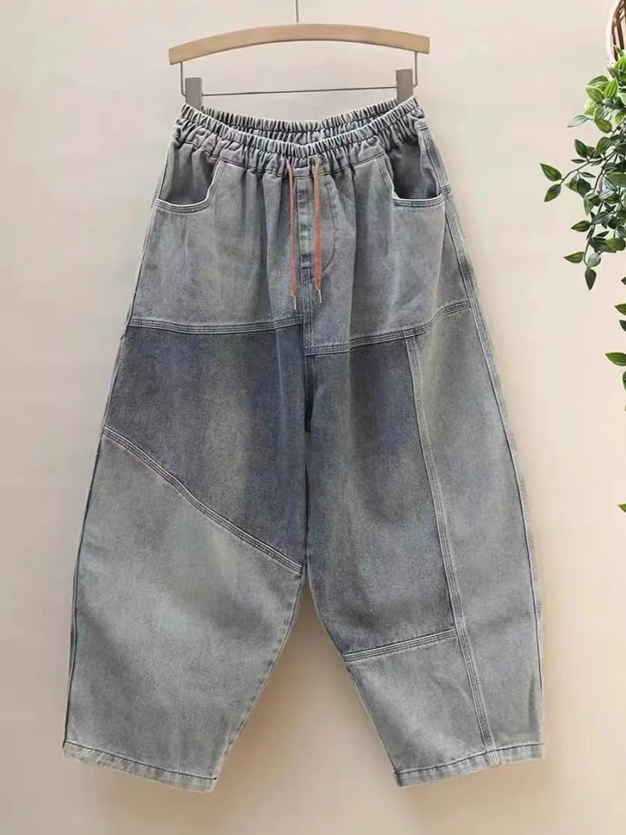 

Summer 2025 Vintage Large Size Straight Leg Jeans Color Blo High Waist Comfortable Elastic Waist Casual Harajuku Sle Wome...