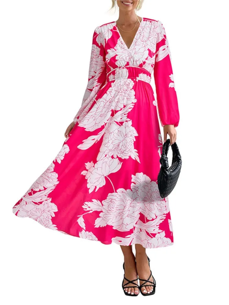 

Bohemian Style Print Long Dresses Women V-neck Long Sleeve High Waist A-line Dress Fashion Casual Beach Vacation Vestidos Female