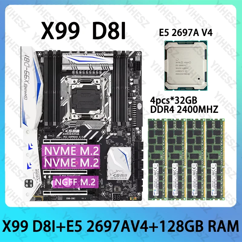 X99 D8I Motherboard Kit E5 2697A V4 Processor LGA2011-3 4*32GB 128GB 2400MHz DDR4 EEC REG RAM Memory Combo Support NVME M.2