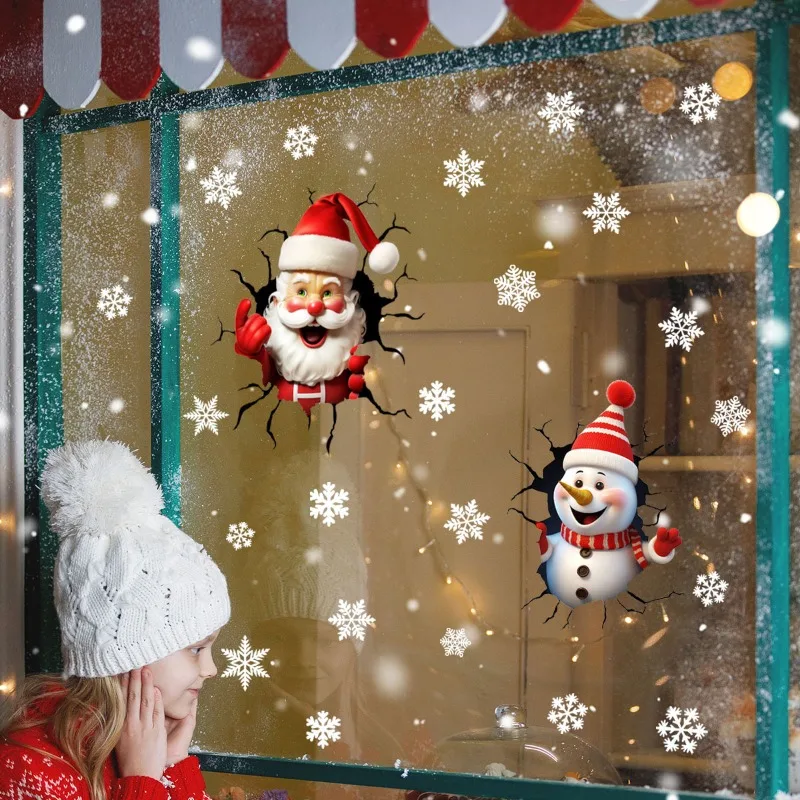 Christmas Wall Stickers 3D Crack Santa Claus Snowman Elk Window Glass Electrostatic Stickers Merry Christmas Happy New Year 2026