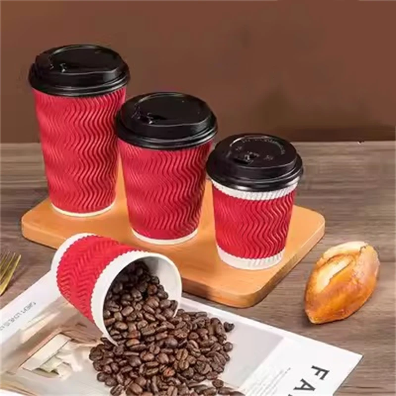 Paper Cups for Cafe with Lid, Christmas Sticker, Disposable, Red, Hollow, Double Layer, Drinking Utensils, Coffee Container