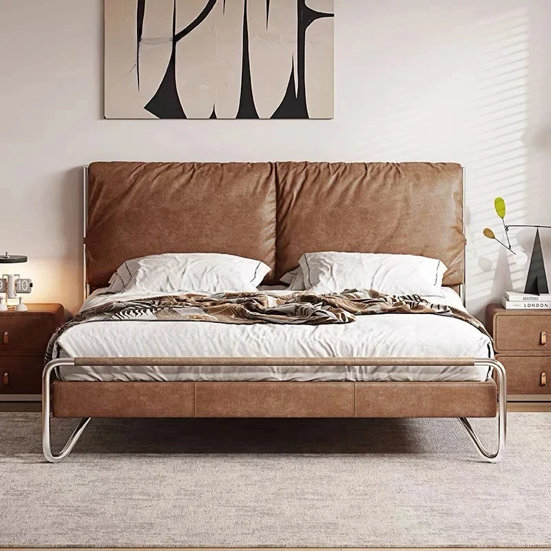 Double  Leather Soft  Base Custom Industrial  2 People Simple Bedroom Bed For Apartment Home Furniture Queen Size