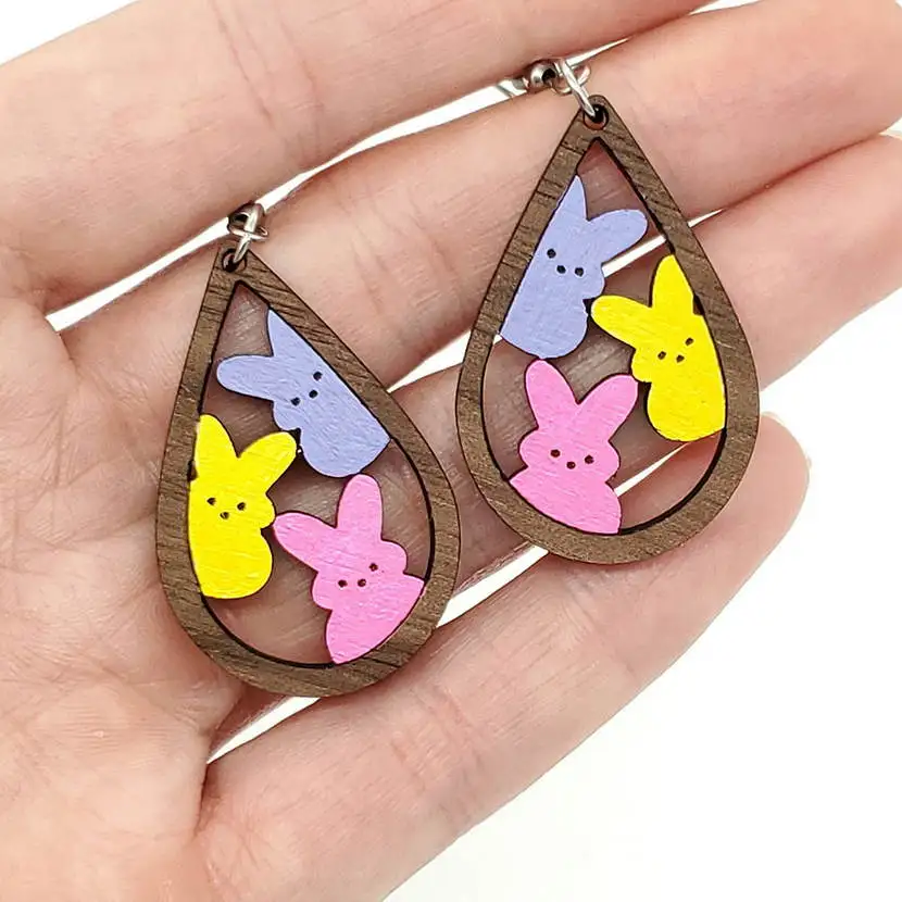 Personalized Cute Bunny Teardrop Earrings Easter Pink Yellow Smiley Face Marshmallow Party Wooden Earrings Gift For Teachers