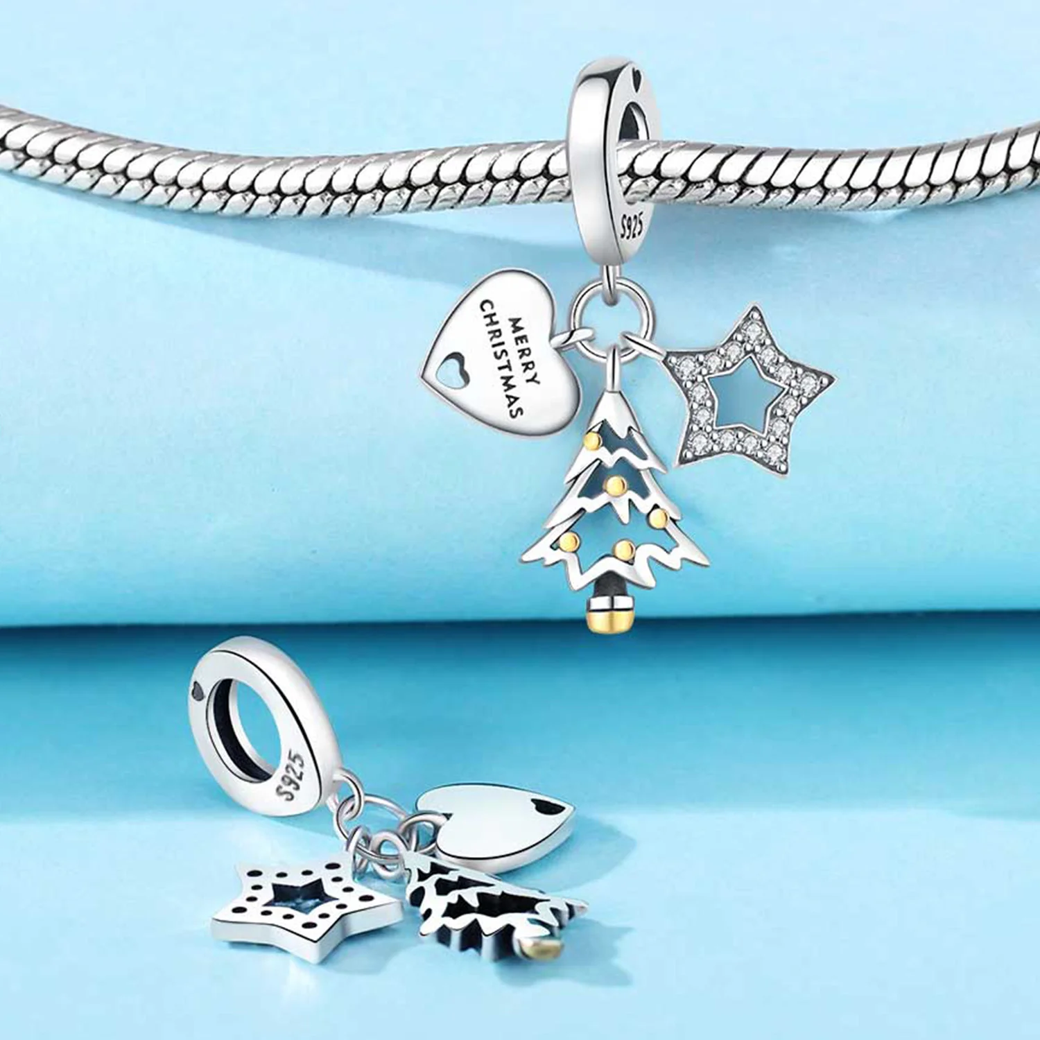 Symbols 2025 NEW Year Beads 925 Sterling Silver Blue Snowflake Heart Snowflake Christmas Tree Charms Bracelets Jewelry