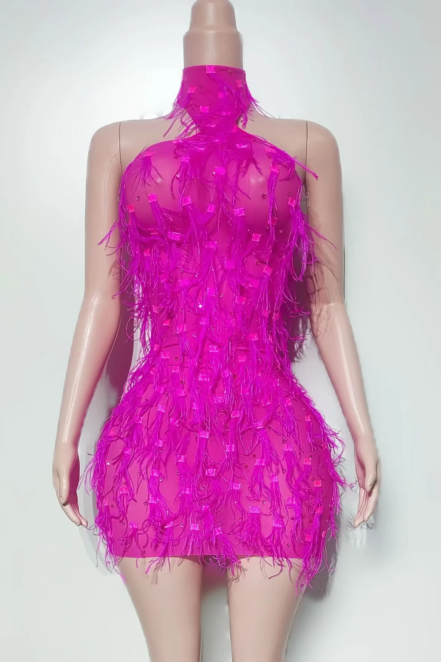 Vestido corto rosa con lentejuelas brillantes y plumas para mujer, traje picante para chica, traje de fiesta para celebración y club nocturno, vestido Bandage para sesión de fotos