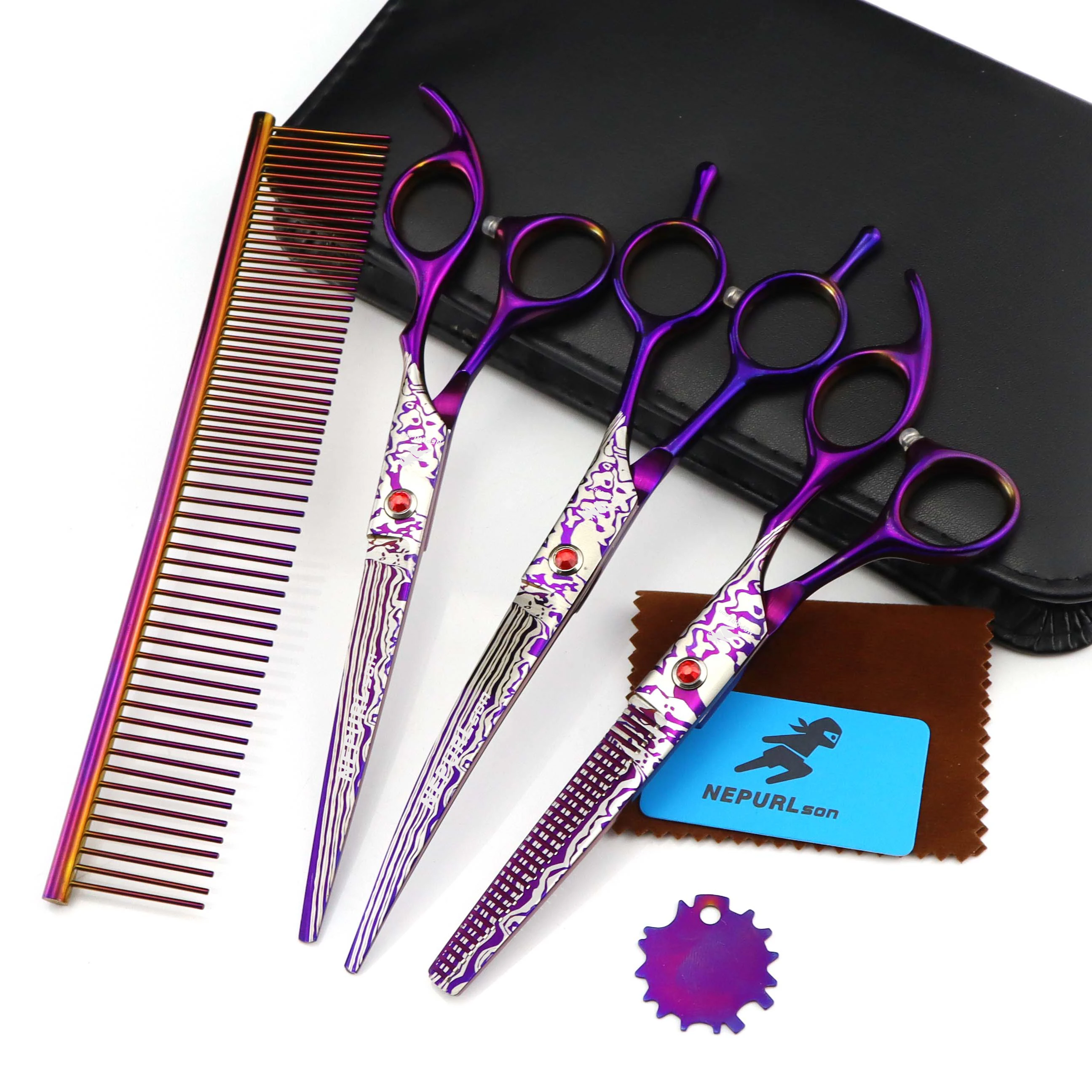 Professional-grade 7.0-inch three-piece scissors set, suitable for pet grooming and trimming, sharp and smooth