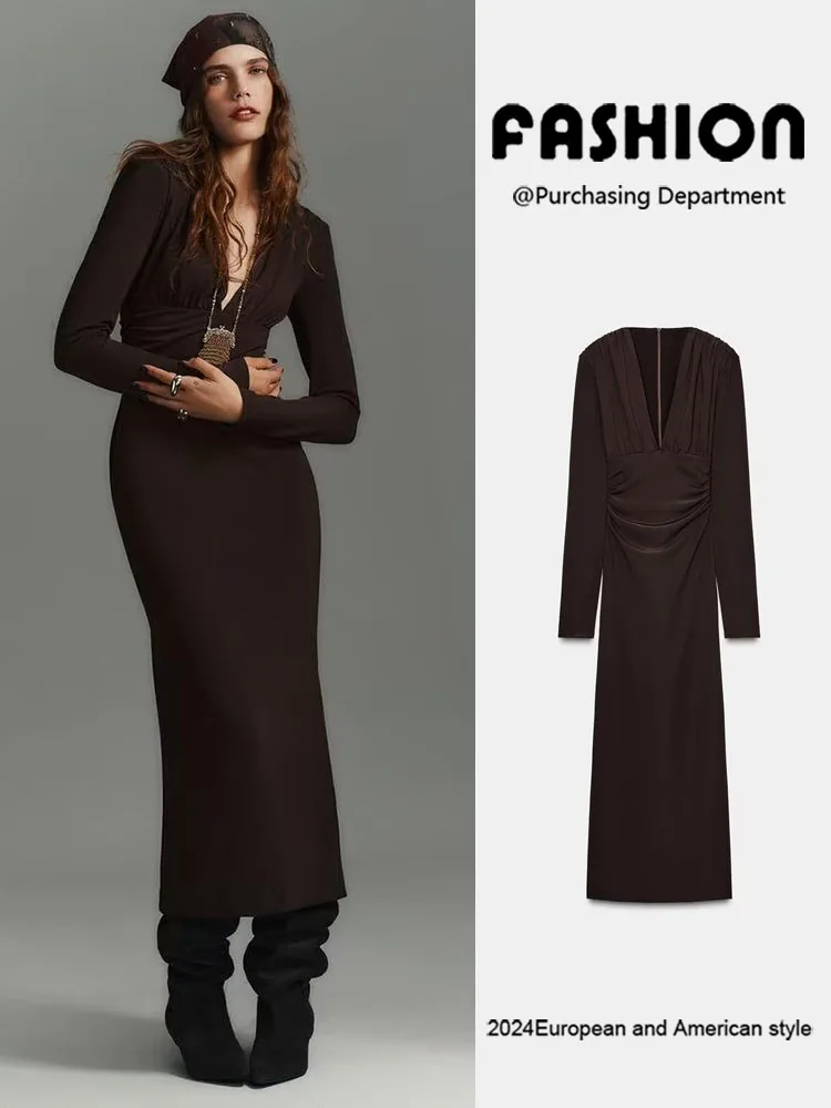 

Spring New Arrival Women's Faionable Midi Dr V-Ne Long Sve Slimming Pleated ZA2026 Ele Gown for Par