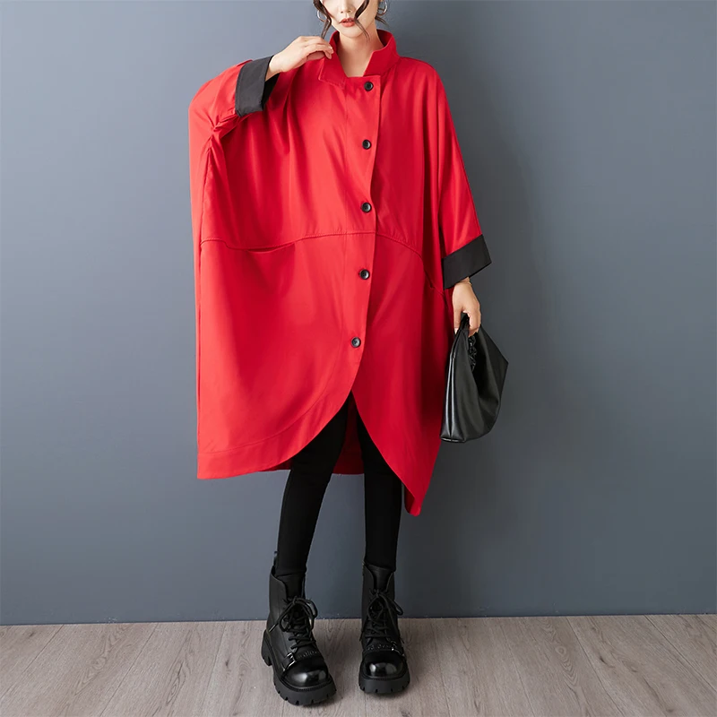 سترة واقية كاجوال كبيرة الحجم بياقة واقفة من Batwing Sve سترة واقية للربيع والخريف ملابس خارجية طويلة غير منتظمة من ألياف البوليستر #5