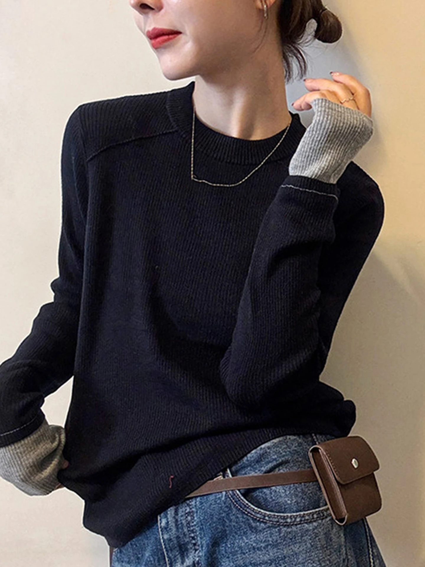 

Comfortable Long Sve round Ne Base irt Women's Knitted Sweater Premium Autumn Winter Crew Ne Pullover Design Knitwear