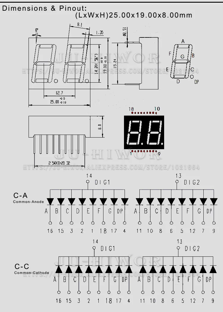 10pcs 18Pins 5261AS 5261BS 0.56 Inch 2 Digit Bits 7 Segment Red LED Digital Display Digitron Common Anode Cathode C-A C-C