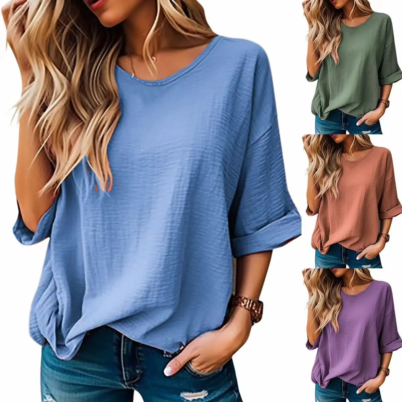 

2026 Amazon European And American Cross-Border Women's Summer New Round Neck Five-Sleeve Solid Color Cotton-Linen Casual
