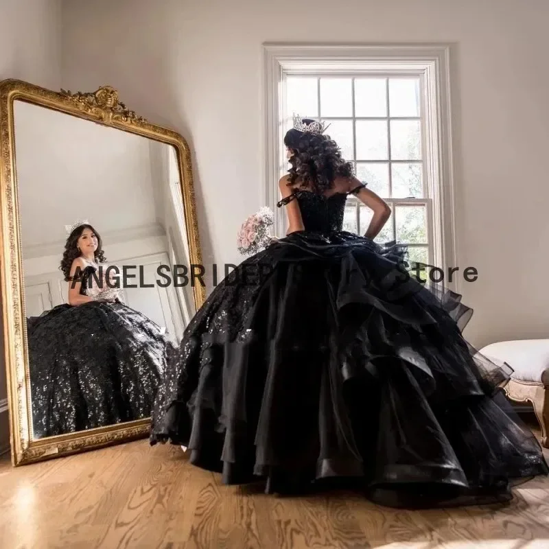 Angelsbridep Sparkly Black Quinceanera Dresses with Ruffles for Princess Lace-up Corset Sweet 16 Birthday Party Gowns NEW