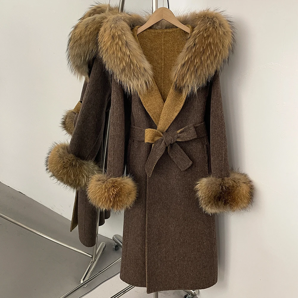 OFTBUY Cappotto di Lana da Donna Giacca di Pelliccia Reale Moda Donna Giacca Lunga di Lana con Cappuccio Vestiti Cintura Femminile Cappotto di Pelliccia di Volpe Reale di Lana