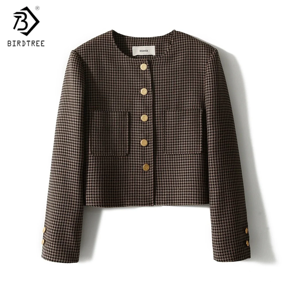 

Birdtree,100% Sheep Wool Retro Coat,Woman Houndstooth Jacket,Single Breasted,O-neck,2025 Autumn Winter Short Coats T5N918JF