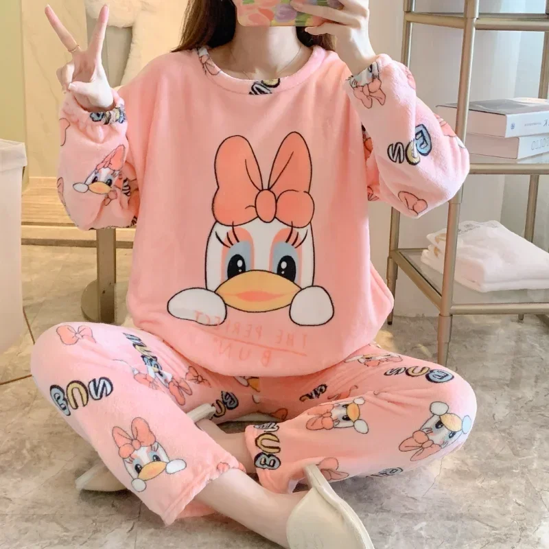 

Disney Donald Duck New Winter Flannel Pajamas Fleece Thickened Warm Crew Neck Women's Pajamas Homewear Suit Silk Pajamas Women