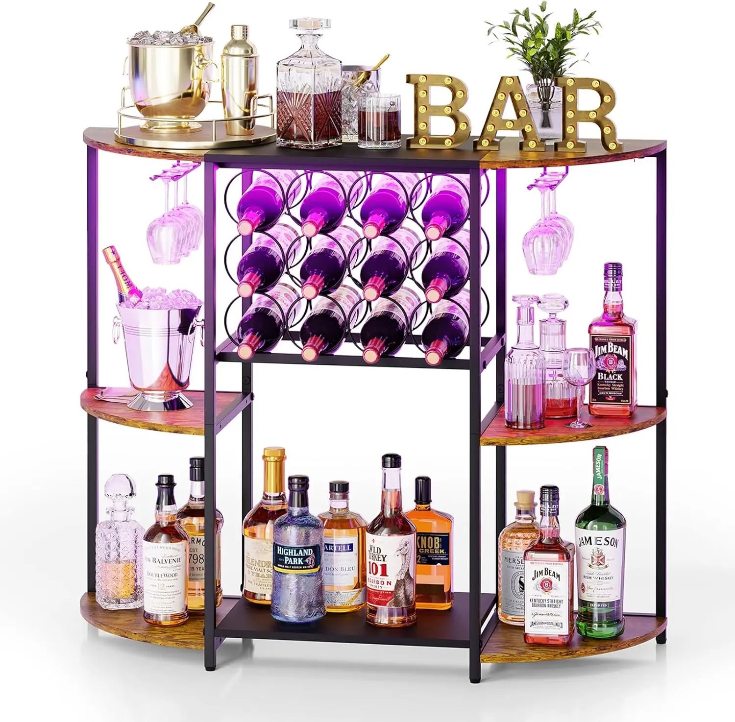

3-Tier Rustic Brown Wine Bar Cabinet with LED Lights, Storage, and Glass Holder for Kitchen or Living Room