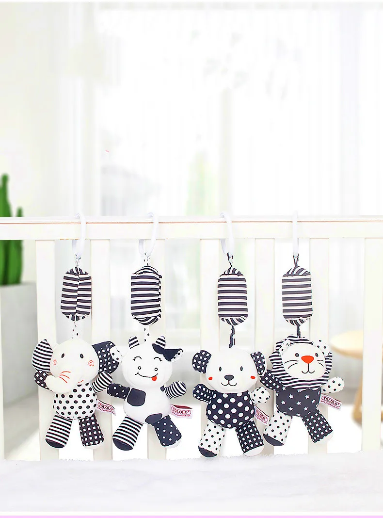 新生児用ソフトぬいぐるみガラガラおもちゃ、ベビーベッド、カーシート、ベビーカー用の吊り下げベル付き、黒と白の風鈴、教育ギフト