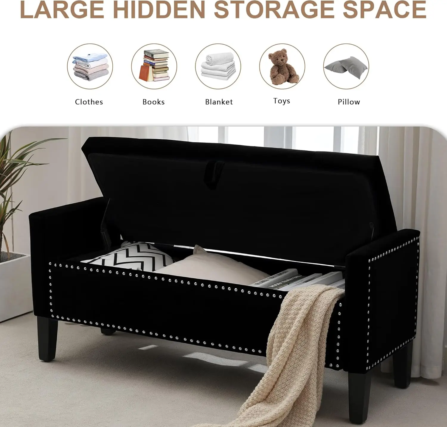 مقعد عثماني للتخزين معنقدة بأزرار منجدة حديثة، 45 مدخل أسود بأذرع، مثالي لغرفة النوم أو المدخل #3