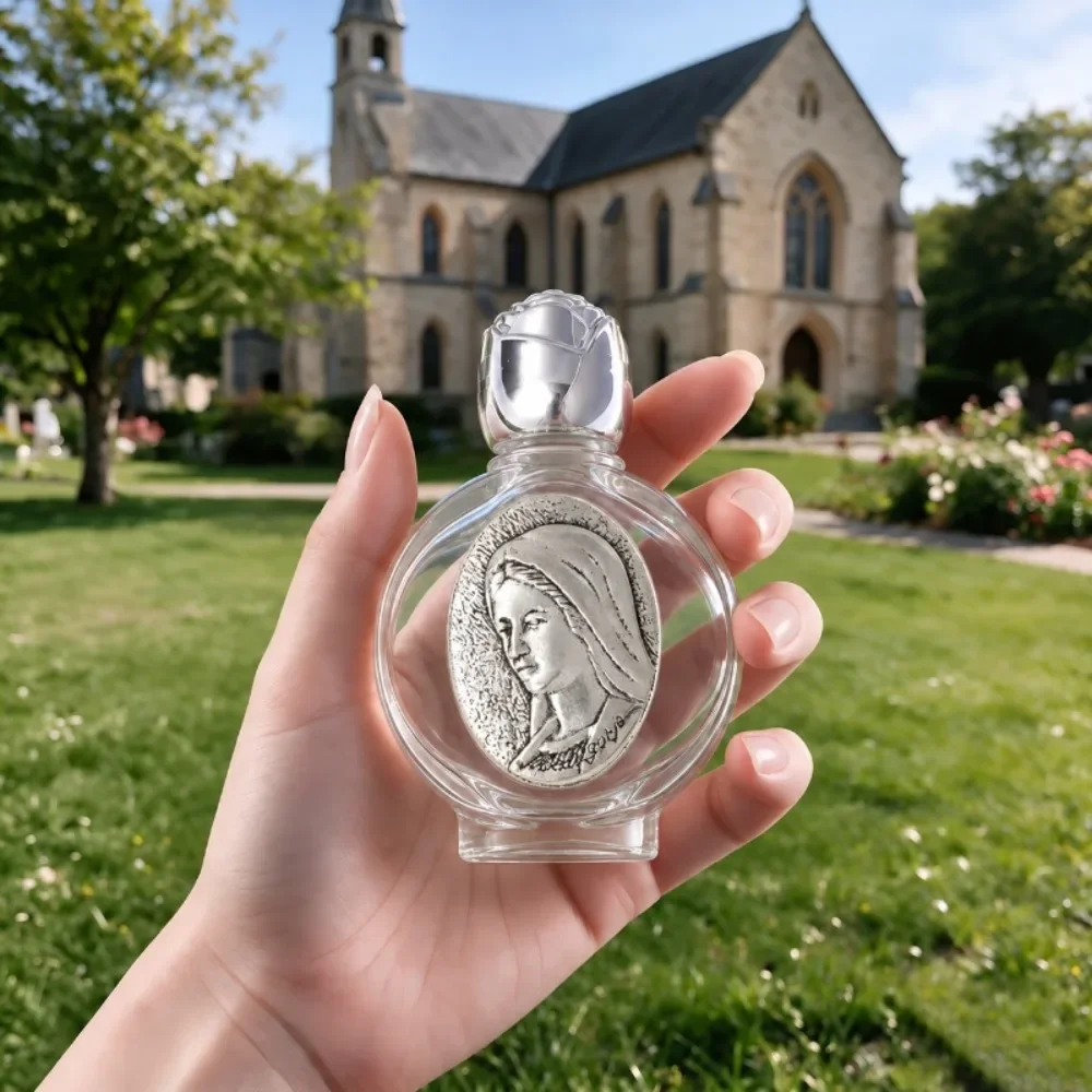 2-12Pcs Vintage Virgin Mary Holy Water Glass Bottle, Embossed Silver Rose Lid Holy Water Vial, Religious Storage Bottle Gift