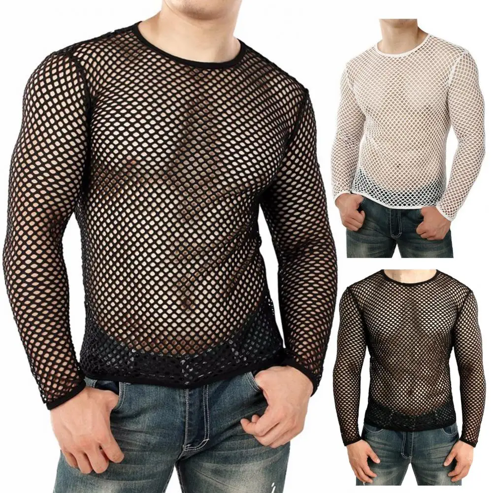 Men Mesh T Shirt Transparent Sexy Fishnet O Neck Long Sleeve Club T-shirt Party Nightclub Mesh Hollow Out See-through Tshirt