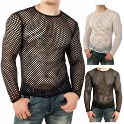 Men Mesh T Shirt Transparent Sexy Fishnet O Neck Long Sleeve Club T-shirt Party Nightclub Mesh Hollow Out See-through Tshirt