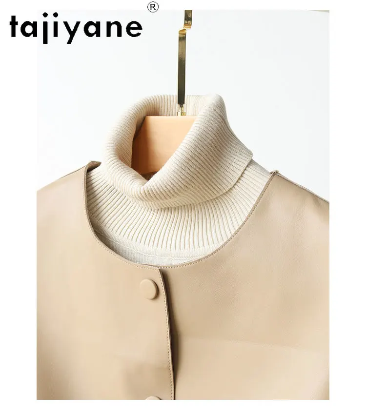 Tajiyane 2024 New Fashion Spring and Autumn Genuine Leather Jacket for Women Chic Round Neck 100% Real Sheepskin Coat Loose Wear