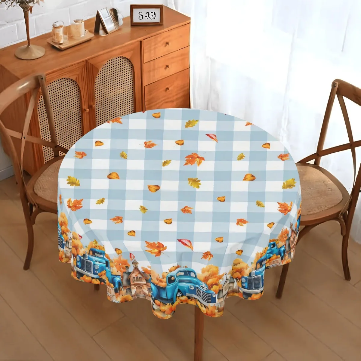 One-piece set - Autumn round tablecloth - 60 inches in diameter - Polyester material - Pumpkin and maple leaf patternzyc