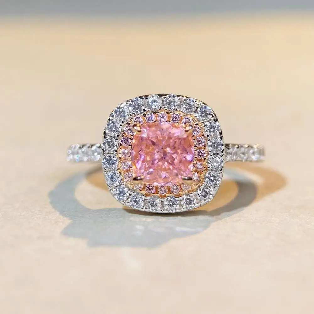 

S925 Sterling Silver Ring, Women's Pink Diamond Ring, Luxurious Full Diamond Square Bag, Pink High Carbon Diamond Ice Flower