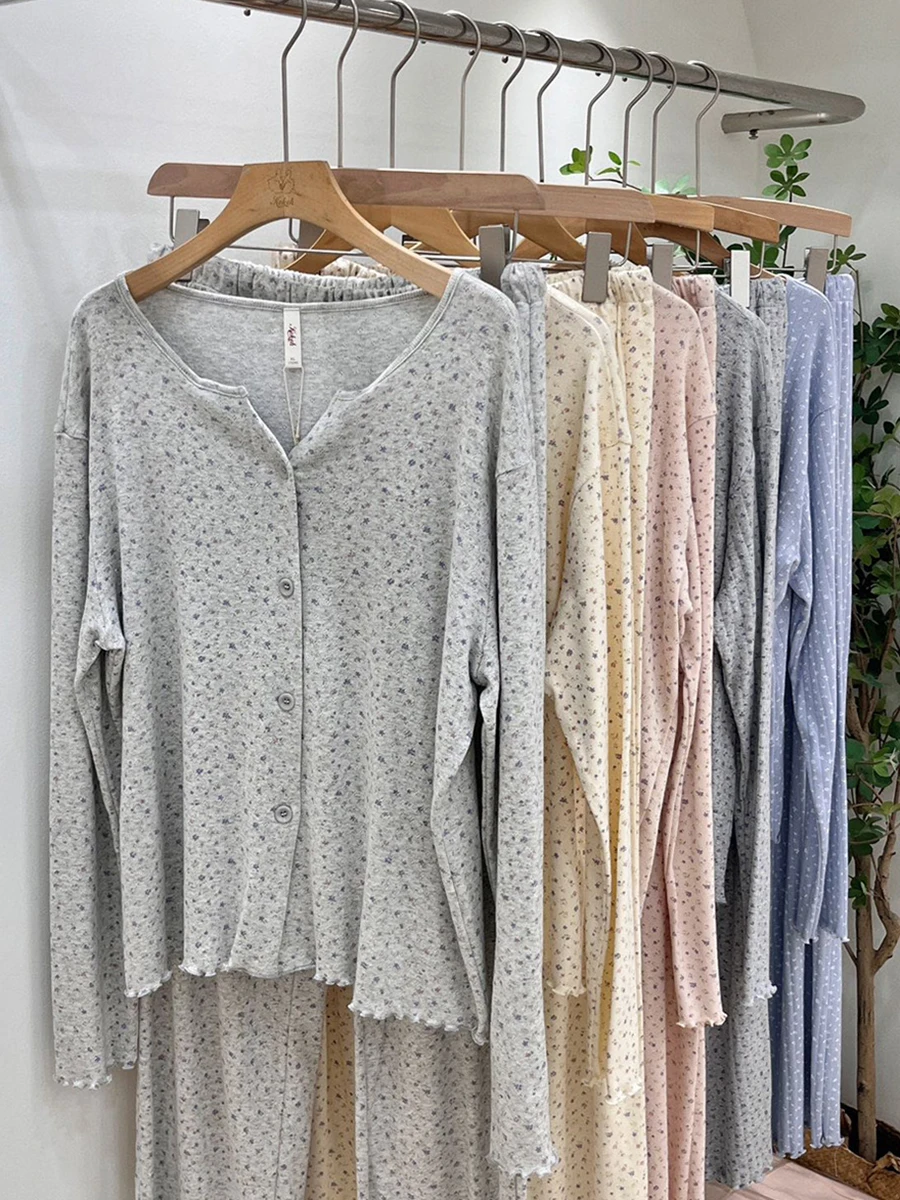 Футболка с длинным рукавом и синим сердцем, комплект брюк, женские футболки на пуговицах + прямые брюки на шнурке, хлопковая домашняя пижама с вырезами, комплекты из 2 предметов