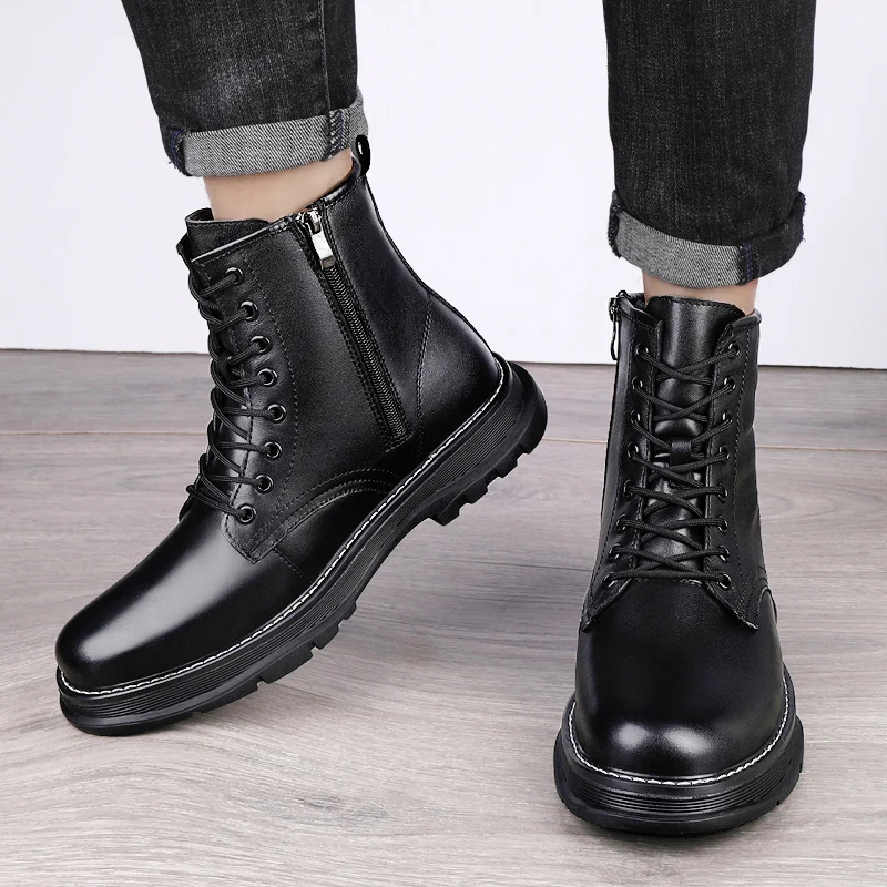 Men Leather Outdoor Ankel Boots Height Increase Insole  6cm Man Elevator Shoes Plus Size 37-44