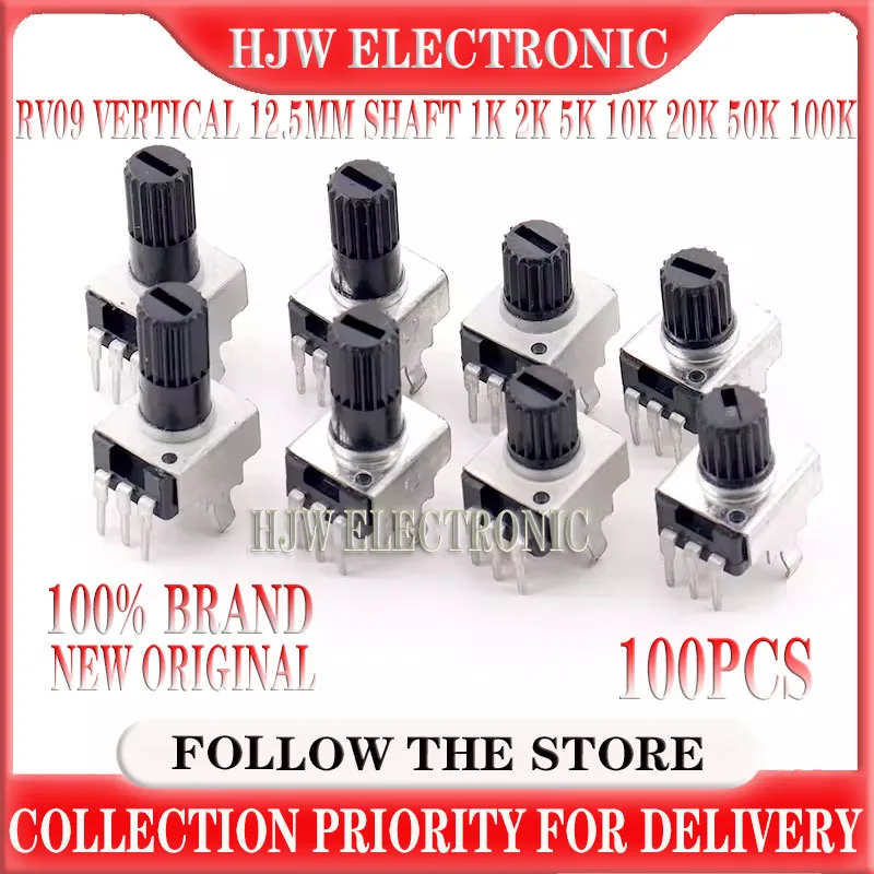 

100PCS/LOT RV09 Vertical Adjustable Potentiometer 1K 2K 5k 10K 20K 50K 100K 1M 0932 9 Type 3pin Seal Potentiometer