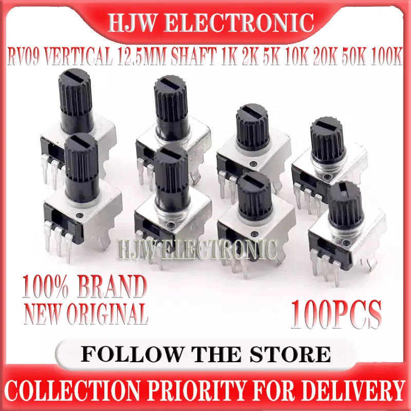 100PCS/LOT RV09 Vertical Adjustable Potentiometer 1K 2K 5k 10K 20K 50K 100K 1M 0932 9 Type 3pin Seal Potentiometer