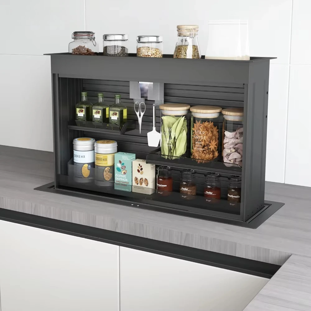 Modern Kitchen Countertop Hidden Drop-Down Spice Rack Motorized Lift System Acrylic For Condiment Spice Storage Kitchen