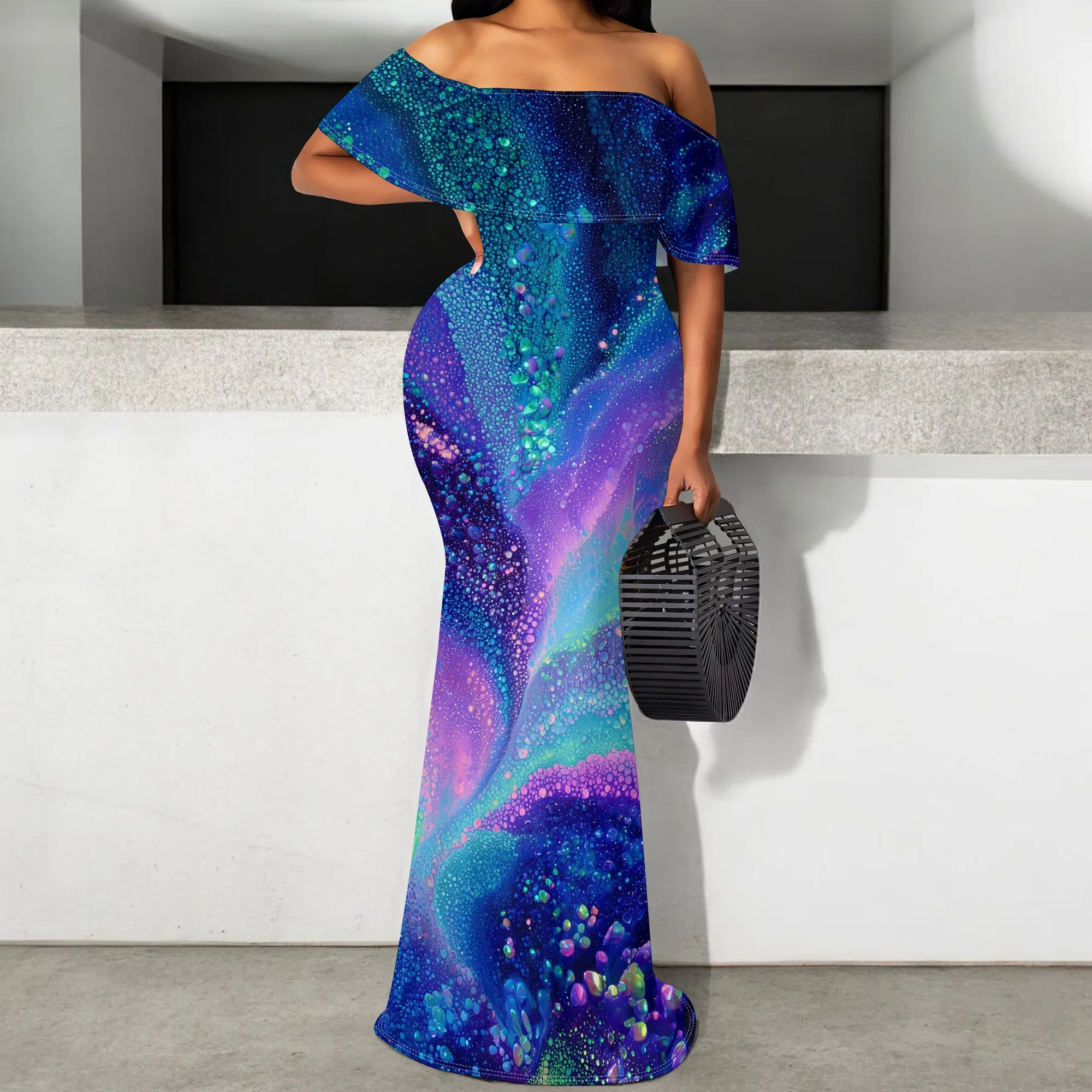 

Women’s Galaxy Print Off Shoulder Maxi Dress Elegant Mermaid Hem Slim Fit Party Evening Gown S-3XL